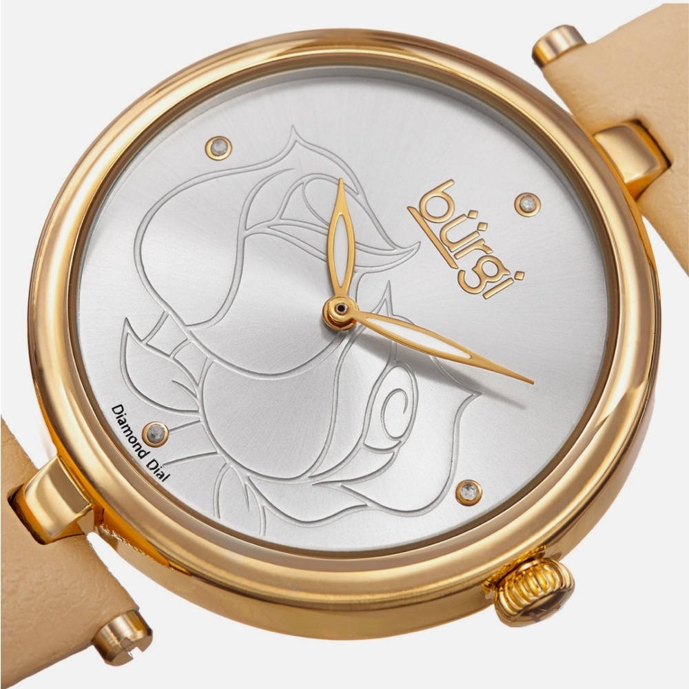 Women's Burgi Flower Engraved Diamond Dial Genuine Leather Strap Watch with box - Picture 2 of 16
